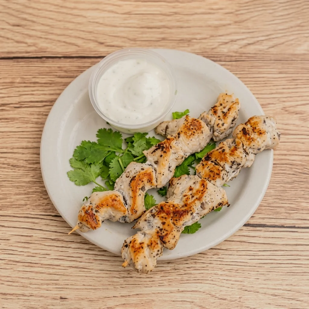 Chicken souvlaki platter with rice, potatoes and tzatziki at Papa's Souvlaki in Edmonton, AB