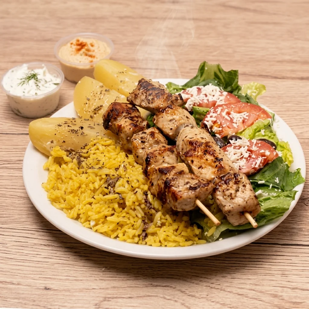 Char-grilled pork souvlaki skewers served with pita at Papa's Souvlaki in Edmonton, AB