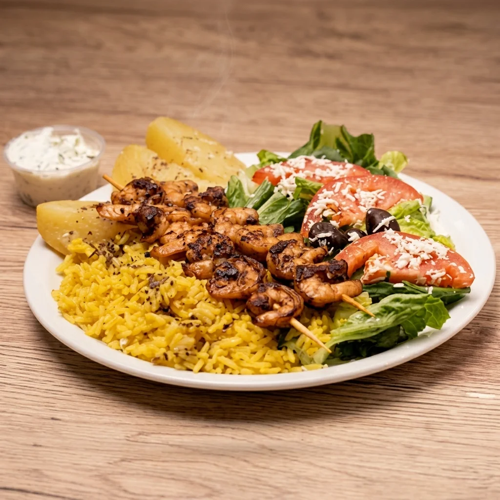 Beef souvlaki platter with rice, potatoes and pita in Edmonton, AB