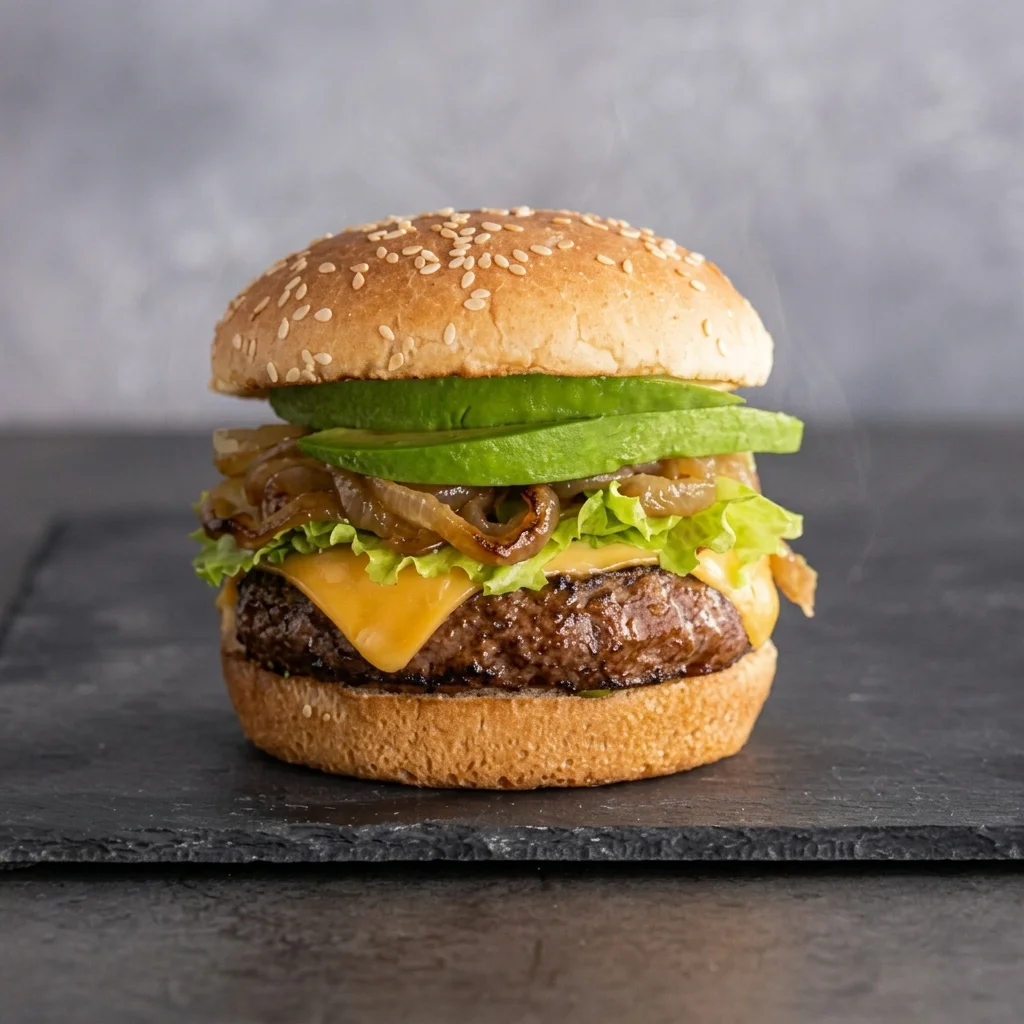 Char-grilled cheeseburger with fresh toppings at Papa&rsquo;s Souvlaki in Edmonton, AB