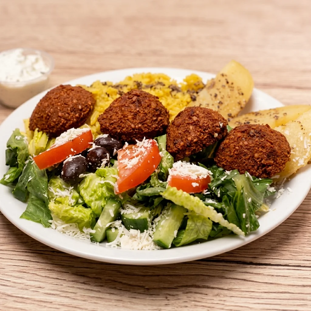Vegetarian falafel dinner with rice, salad and pita at Papa&rsquo;s Souvlaki in Edmonton, AB